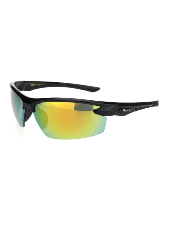 Xloop Mens 90s Warp Around Sport Baseball Half Rim Plastic Sunglasses Black Yellow Mirror