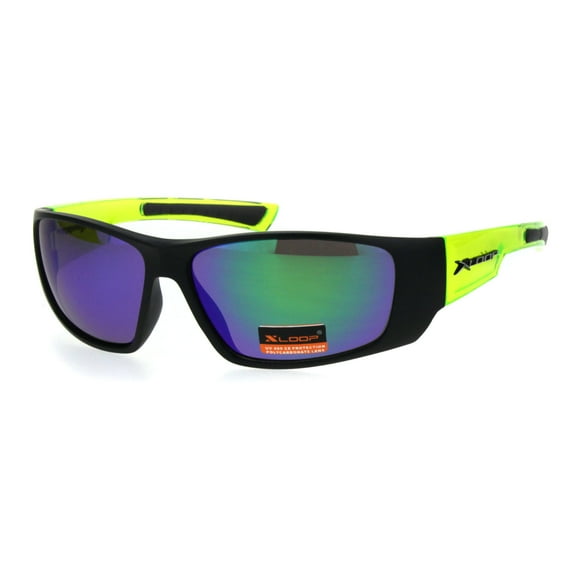 Xloop Mens Classic 90s Warp Plastic Rectangular Sport Sunglasses Black Green Teal Mirror
