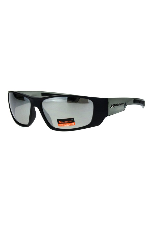 Xloop Mens Classic 90s Warp Plastic Rectangular Sport Sunglasses Black Grey Silver Mirror