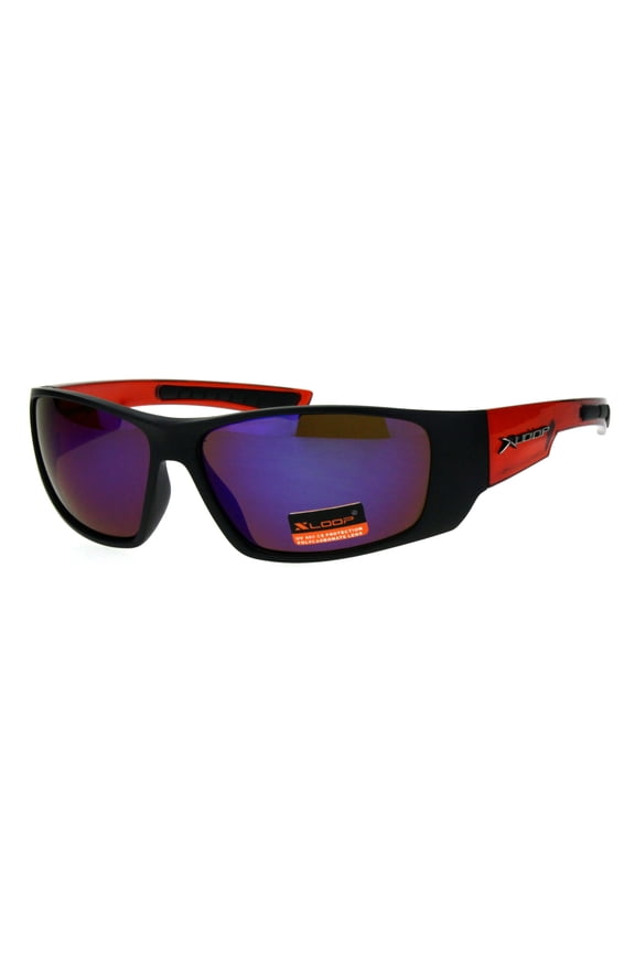 Xloop Mens Classic 90s Warp Plastic Rectangular Sport Sunglasses Black Orange Blue Mirror