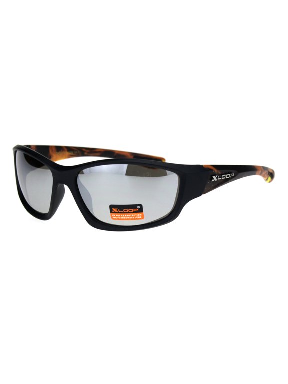 Xloop Mens Flaming Arm Rectangular Warp Sport Plastic Sunglasses Black Orange Silver Mirror