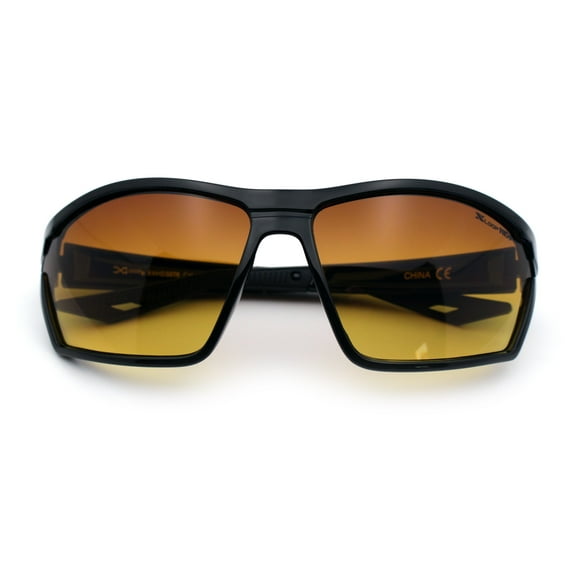 Xloop Mens HD+ Night Driving Amber Lens Wrap Around Sport Plastic Sunglasses Shiny Black