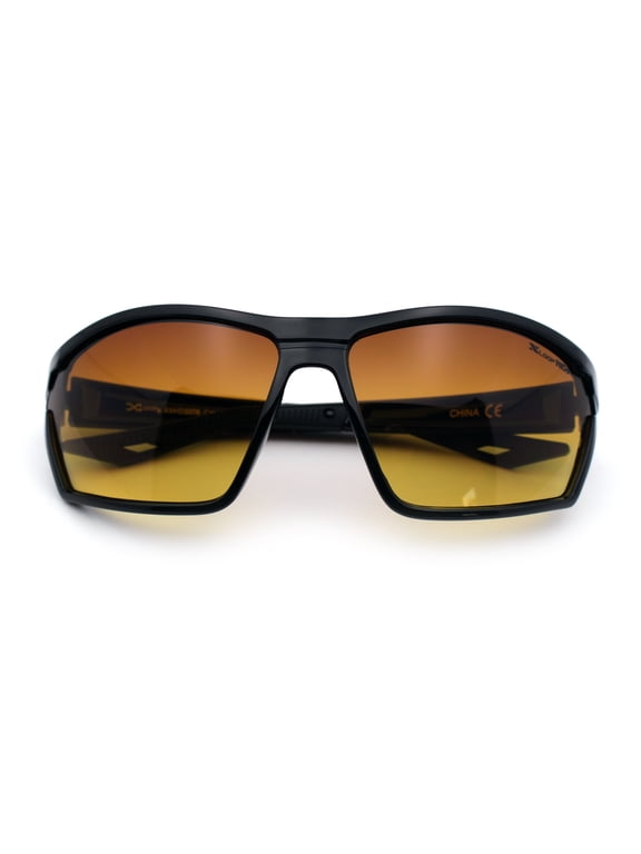Xloop Mens HD+ Night Driving Amber Lens Wrap Around Sport Plastic Sunglasses Shiny Black