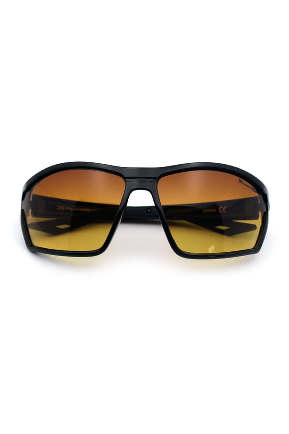Xloop Mens HD+ Night Driving Amber Lens Wrap Around Sport Plastic Sunglasses Shiny Black