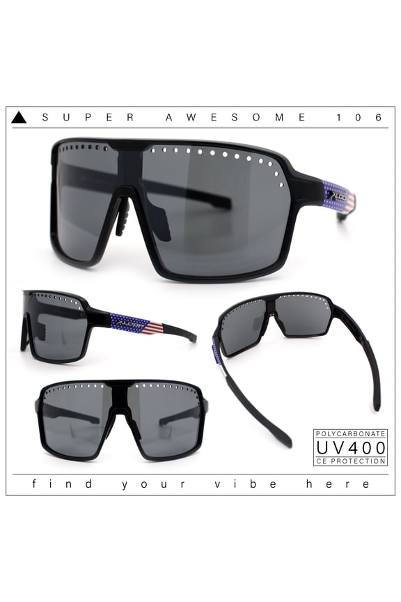 Xloop Mens Large Shield USA American Flag Print MTB Rectangle Sunglasses All Black