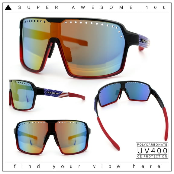 Xloop Mens Large Shield USA American Flag Print MTB Rectangle Sunglasses Black Red - Orange Mirror