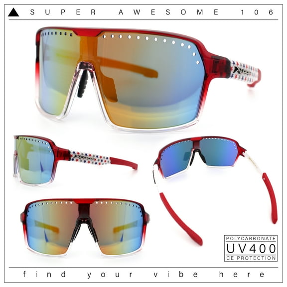 Xloop Mens Large Shield USA American Flag Print MTB Rectangle Sunglasses Red Clear - Orange Mirror
