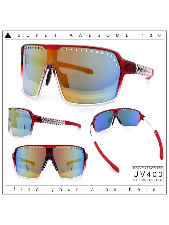 Xloop Mens Large Shield USA American Flag Print MTB Rectangle Sunglasses Red Clear - Orange Mirror