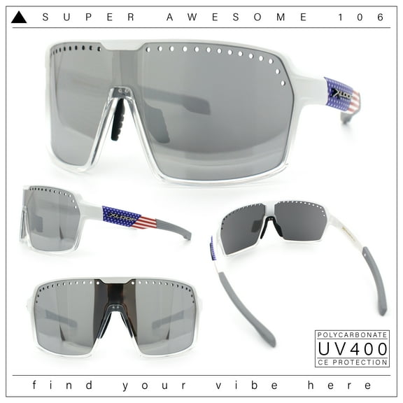 Xloop Mens Large Shield USA American Flag Print MTB Rectangle Sunglasses White Clear - Silver Mirror