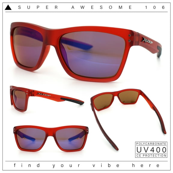 Xloop Mens Rectangle Sport Classic Wrap Horned Plastic Sunglasses Red - Blue Mirror