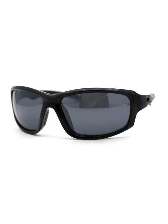 Xloop Mens Rectangle Warp Around Plastic Sport Sunglasses Shiny Black