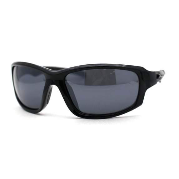 Xloop Mens Rectangle Warp Around Plastic Sport Sunglasses Shiny Black