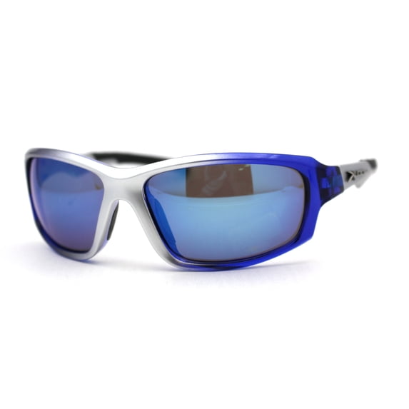 Xloop Mens Rectangle Warp Around Plastic Sport Sunglasses Silver Blue Mirror