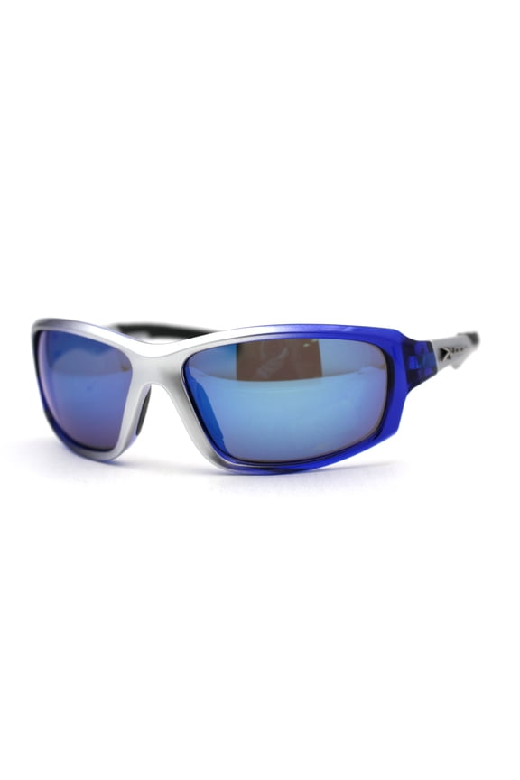 Xloop Mens Rectangle Warp Around Plastic Sport Sunglasses Silver Blue Mirror