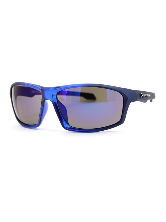 Xloop Mens Rectangular Warp Around Sport Plastic Sunglasses Blue Blue Mirror