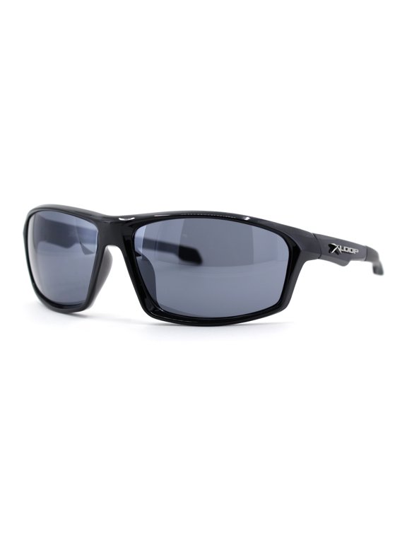 Xloop Mens Rectangular Warp Around Sport Plastic Sunglasses Shiny Black Black