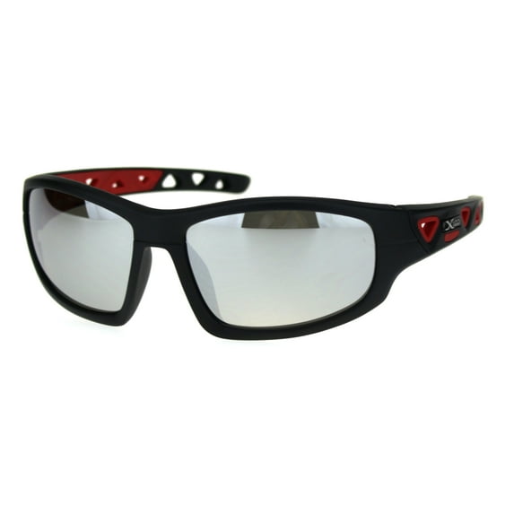 Xloop Mens Warp Around Plastic Sport Silver Mirror Sunglasses Matte Black Red