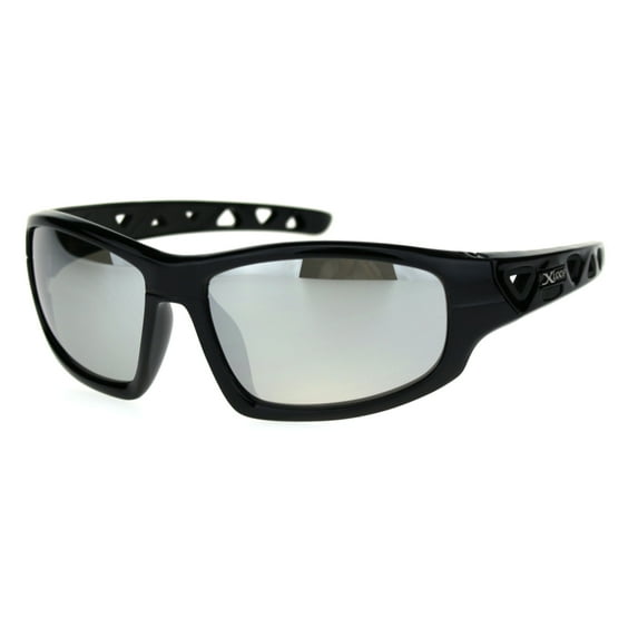 Xloop Mens Warp Around Plastic Sport Silver Mirror Sunglasses Shiny Black