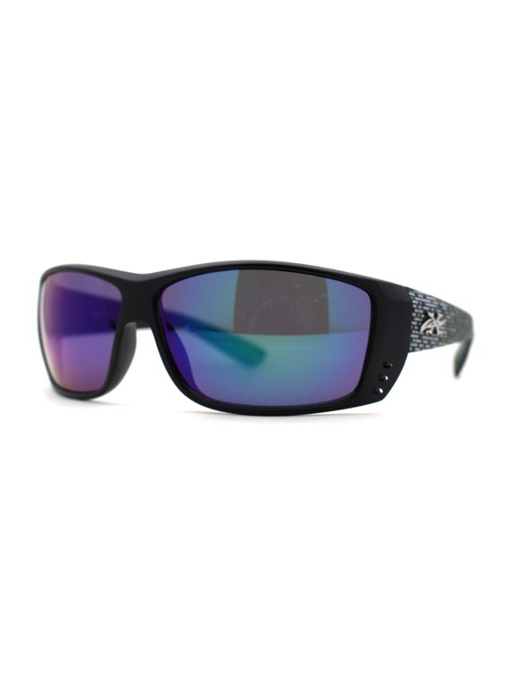 Xloop Mens Wrap Around Biker Style Plastic Sport Sunglasses Black Green Mirror