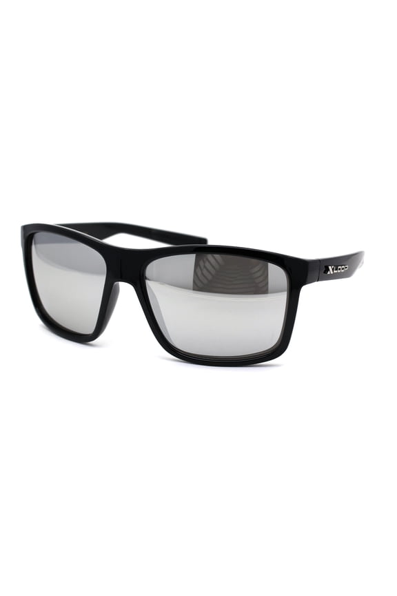 Xloop Oversize Rectangular Sport Horn Rim Mens Sunglasses Shiny Black Silver Mirror