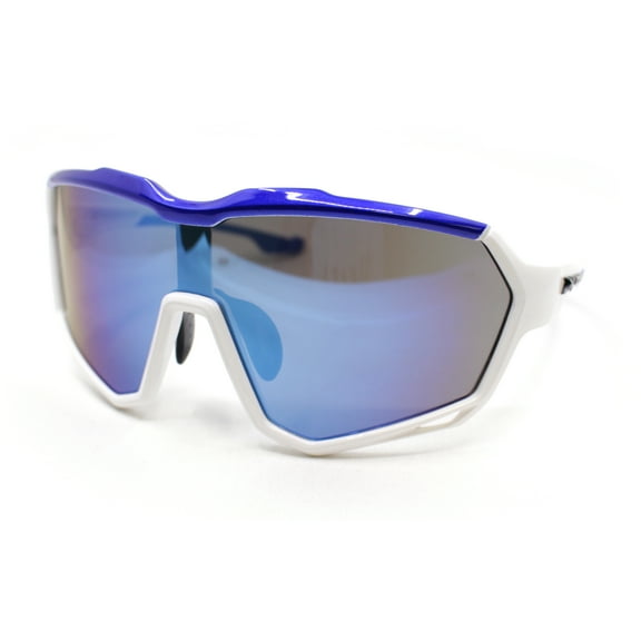 Xloop Oversized Mirror Lens Wrap Around Plastic Riding Sport Sunglasses White Blue - Blue Mirror