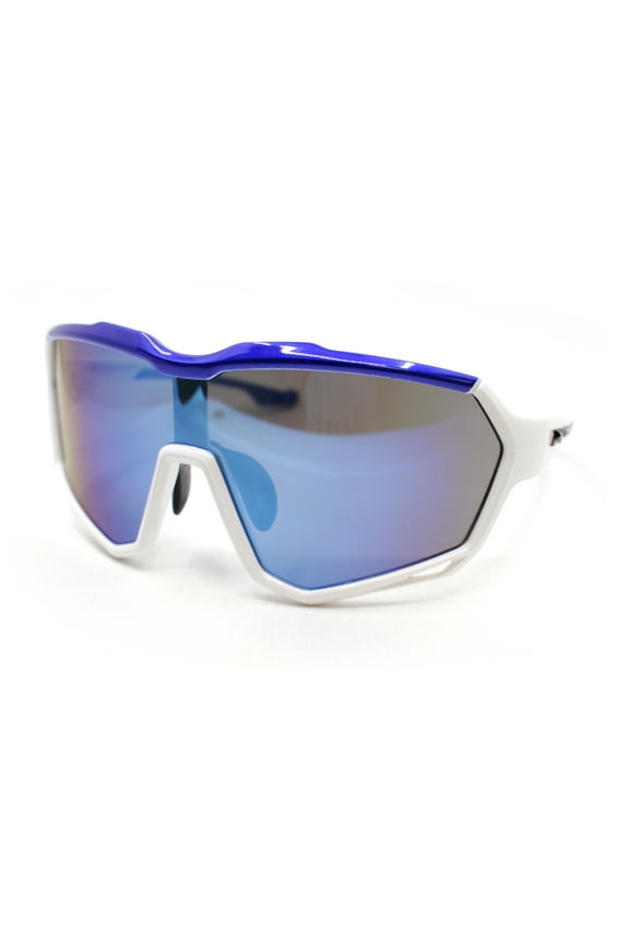 Xloop Oversized Mirror Lens Wrap Around Plastic Riding Sport Sunglasses White Blue - Blue Mirror