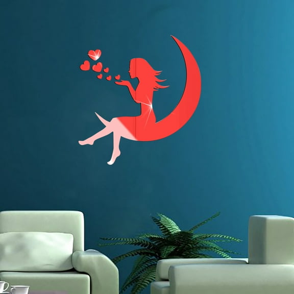 Xloro 3D Wall Sticker Acrylic Wall Decor Fairy on Moon Beauty Blowing Heart Removable Self-Adhesive Wall Decal for Bedroom Living Room Home Decoration (1Pc 7.47"x7.87")