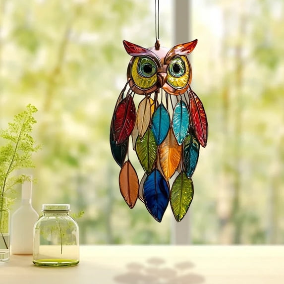 Xloro Acrylic Owl Suncatcher Hanging Decor Stained Style Owl Window Ornament for Light Catching Display Decorative Accent for Garden Balcony and Indoor Spaces (1Pc 4"x8")