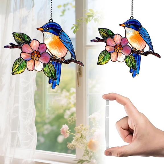 Xloro Acrylic Suncatcher Bird Flower Window Hanging Decor Colorful Faux Stained Glass Sun Catcher Ornament for Home Decoration Window Car Garden Indoor Outdoor (1Pc 3.14")