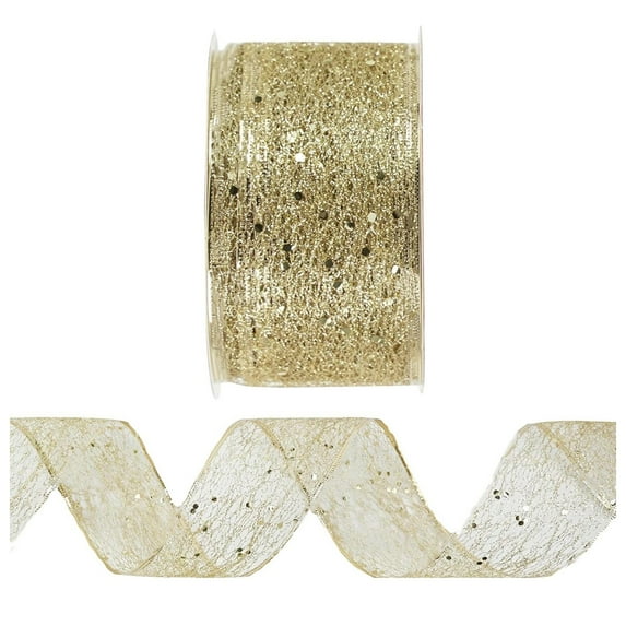 Xloro Champagne Gold Wired Ribbon Glitter Mesh Ribbon for Gift Wrapping Wreaths Bows Tree Decorations DIY Crafts Holiday and Home Decor (1Roll 1.96")