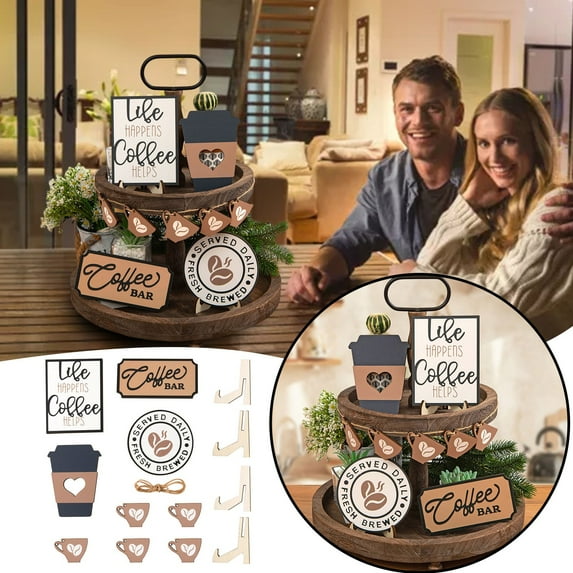 Xloro Coffee Tiered Tray Decor Set Farmhouse Wooden Coffee Bar Signs & Tabletop Accents for Home Decor Coffee Station Accessories for Kitchen Counter or Shelf Display (1Set)