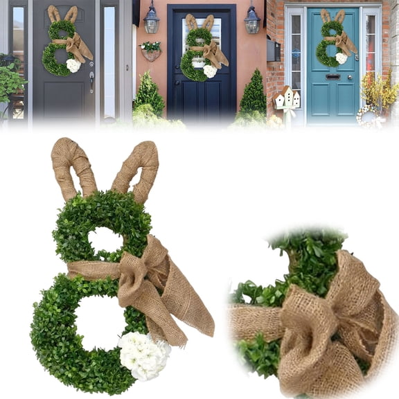 Xloro Easter Bunny Wreath Spring Front Door Decor Bunny Shaped Artificial Flower Wreath with Bow and Greenery for Porch Wall Window Seasonal Home Decoration (1Pc 3"x9")