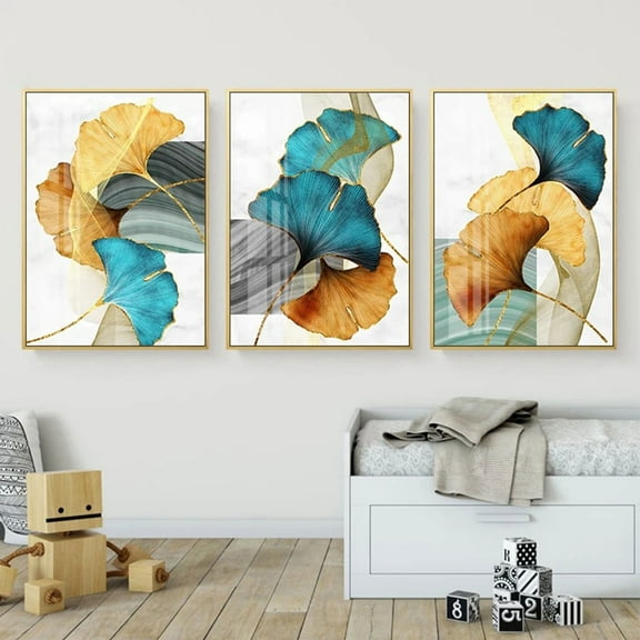 Xloro Ginkgo Leaf Wall Art Prints Abstract Nordic Canvas Artwork for Home Wall Decoration Stylish Accent for Living Room Bedroom Hallway (3Pcs Frameless)