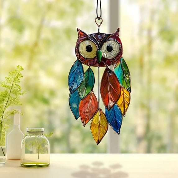 Xloro Owl Window Hanging Suncatcher Decor Colorful Acrylic Owl Ornament for Sunlight Reflection and Decoration Charming Window Decor for Home and Garden Use (1Pc 4"x8")