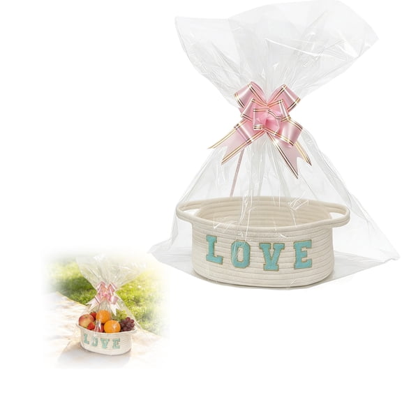 Xloro Small Woven Basket with Handle and Ribbon Decorative Storage Basket for Gifts Party Favors or Home Organization Ideal for Valentine's Day Special Occasions (1Pc 12"x5")