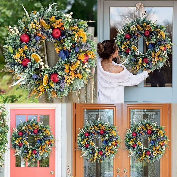 Xloro Spring Summer Front Door Wreath Artificial Fruit Berry Wreath with Lemon Slices & Maple Leaves Farmhouse Seasonal Door Hanging Decor for Porch Wall Home (1Pc 17.7")