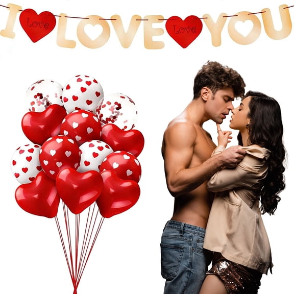 Xloro Valentine's Day Heart Shaped Balloons Set – Red & White Latex & Foil Balloons with "Love You" Banner Ideal for Wedding Engagement Anniversary and Valentine's Day Party Decor (1Set)