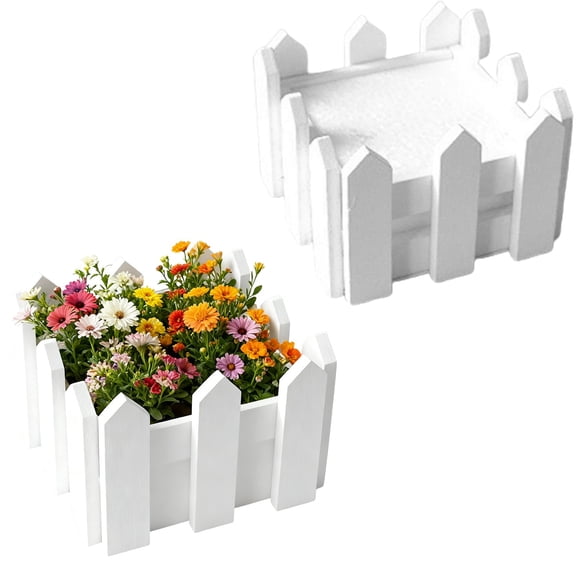 Xloro Wooden Fence Flower Pot Mini White Fence with Foam for Home Decor DIY Floral Arrangements Farmhouse Window Sill Indoor and Outdoor Decorative Vase (1Pc 4"x4"x3")