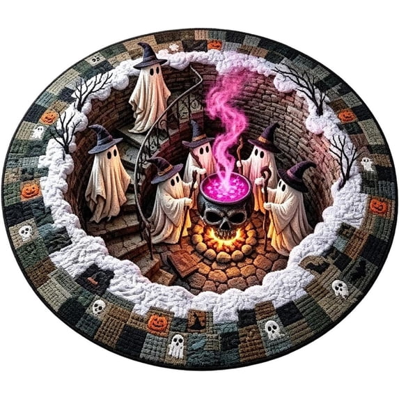 Xlulu Abyss Quilted Round Mat,3D Halloween Rug, Halloween Round Rug Spooky Ghost Pumpkin Optical Circular Floor Mat Halloween Decor Non Doormat