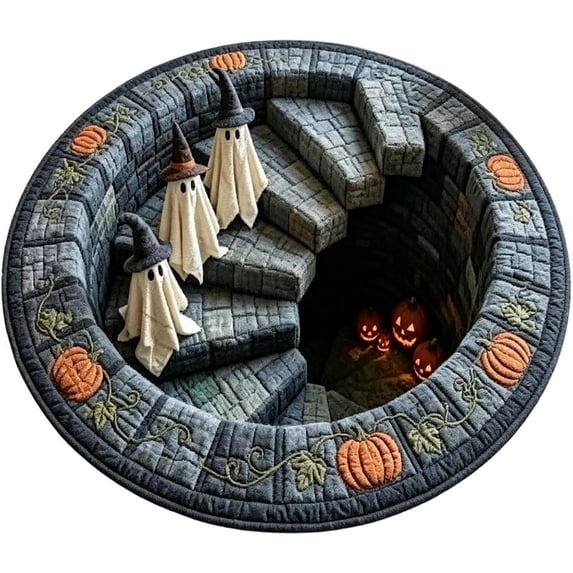 Xlulu Abyss Quilted Round Mat,3D Halloween Rug, Halloween Round Rug Spooky Ghost Pumpkin Optical Circular Floor Mat Halloween Decor Non Doormat