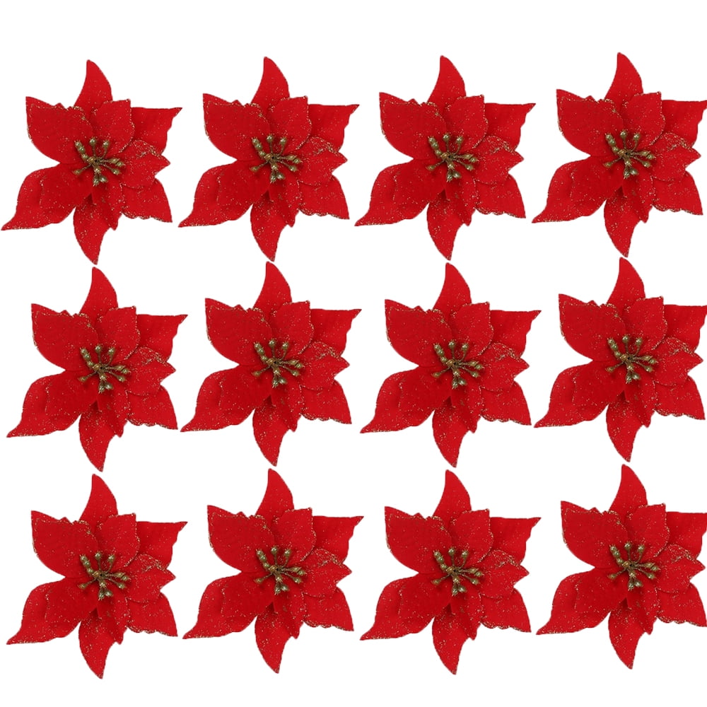 Xmarks 12 Pieces Red Poinsettia Christmas Tree Decorations, Glitter