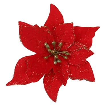 Xmarks 15 PCS Poinsettia Artificial Glitter Christmas Flowers 5.12'' Glitter Poinsettias Christmas Tree Flower Decor, DIY Xmas Tree Wreath Holiday Home Party Decor, No Stems