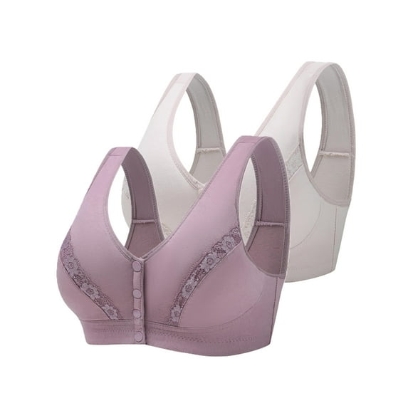 Xmarks 2 Packs Women's Front Closure Cotton Bra Button Snap Closure Comfort Wireless Pure Bras Full Coverage Wirefree Push Up Bralettes