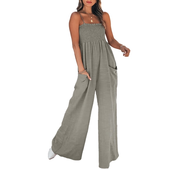 Xmarks 2024 Womens Summer Adjustable Spaghetti Straps High Waist Smocked Wide Leg Jumpsuits Halter Pleated One-piece Pants with Pocket Gray M