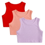 Xmarks 3 Pack Girl's Sleeveless Cropped Tank Top Crewneck Ribbed Crop Tops Racerback Workout Dance Tank Top Summer Clothes for Girls 2-9Y