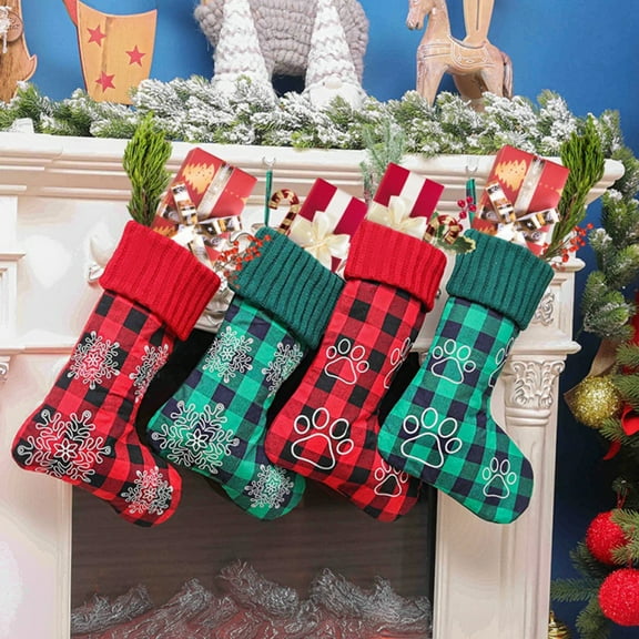 Xmarks 4 Pack Christmas Stocking 17 Inches Red Green Plaid Stocking Snowflake Dog Claw Printed Christmas Gifts Candy Stocking Fireplace Hanging Stockings for Xmas Party Decorations