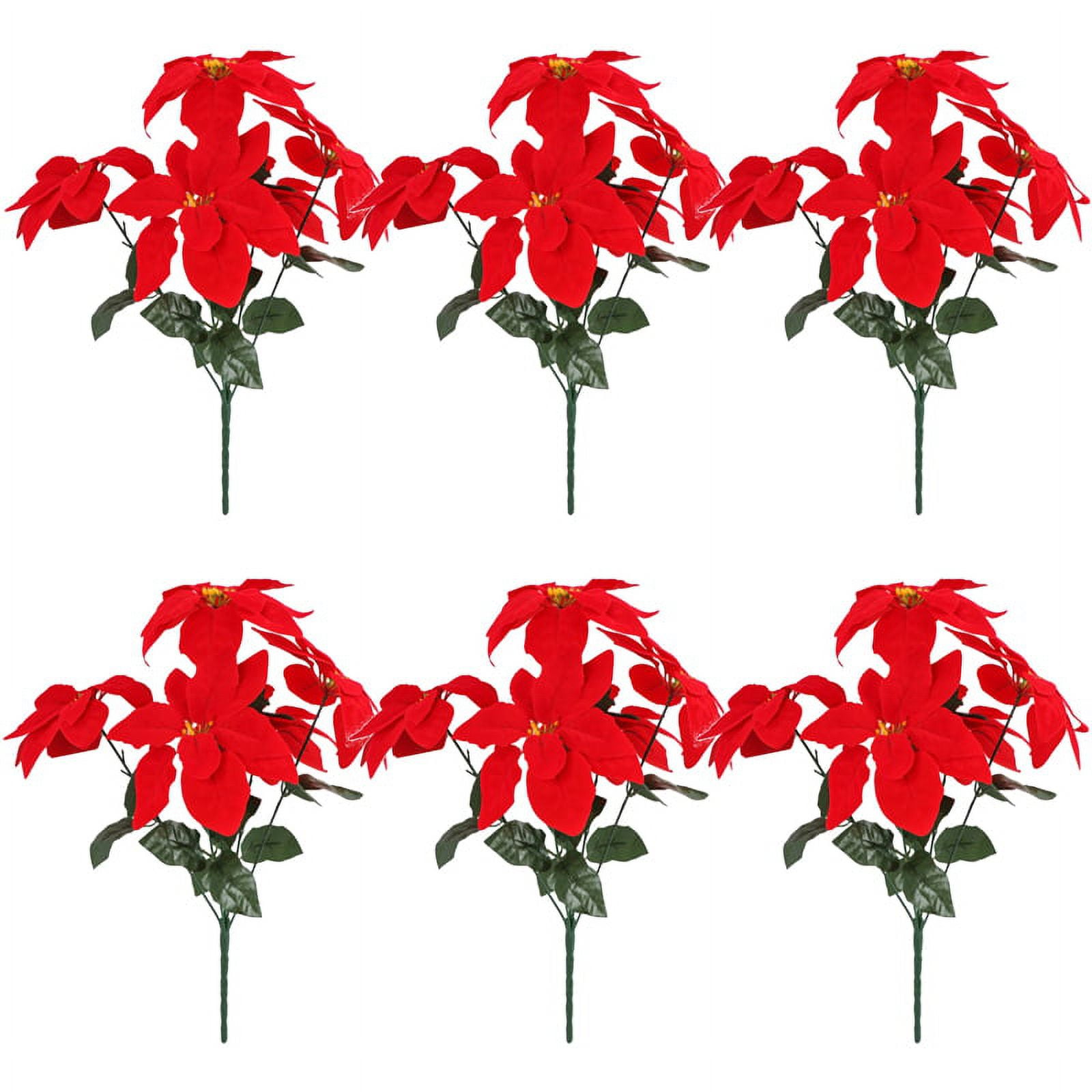 Xmarks 6PCS Fake Poinsettia Flowers with Stem 5 Heads Velvet Poinsettia