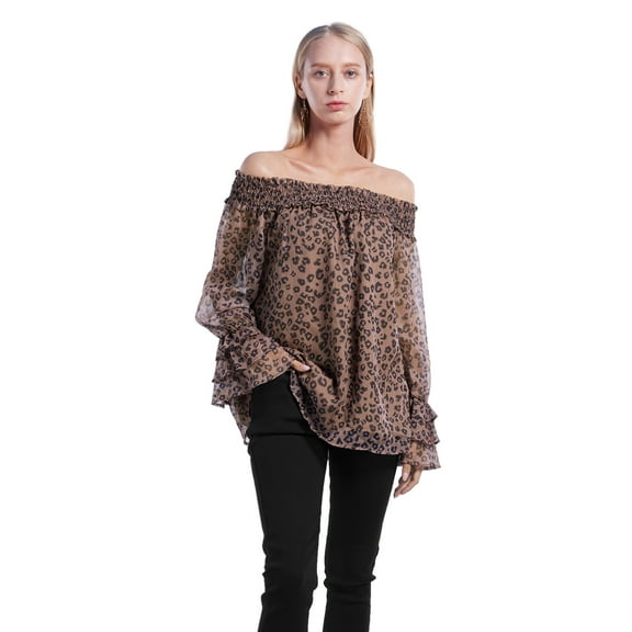 Xmarks Blouses for Women Flare Long Sleeve Summer Fashion Off Shoulder Top 2023 Spring Leopard US 10