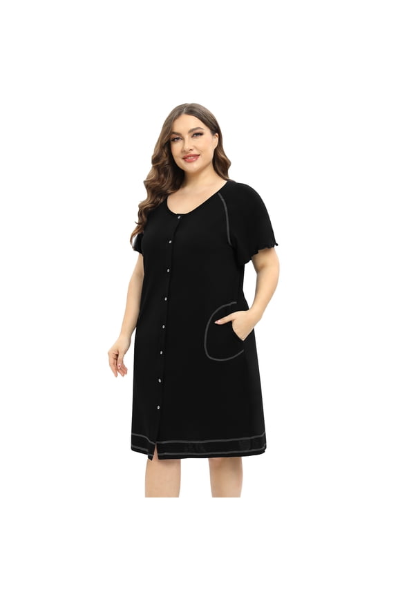 Button Down Nightgown Women's Short Sleeve Sleepshirt V Neck Sleepwear with Pocket Soild Nightshirt Plus Size Black 2XL