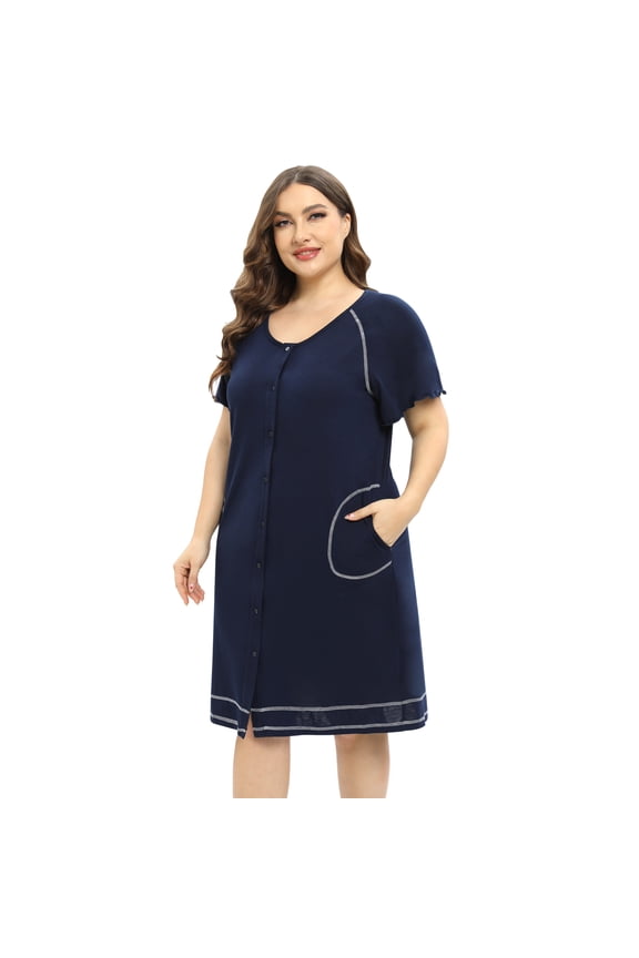 Button Down Nightgown Women's Short Sleeve Sleepshirt V Neck Sleepwear with Pocket Soild Nightshirt Plus Size Blue XL